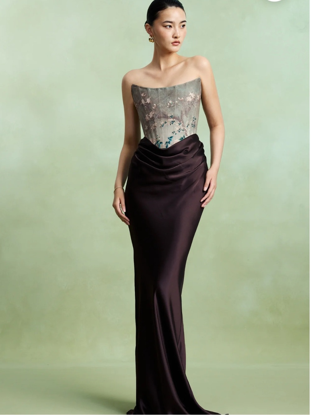 NWT Sau Lee Frances Corset Maxi Column Gown in Brown